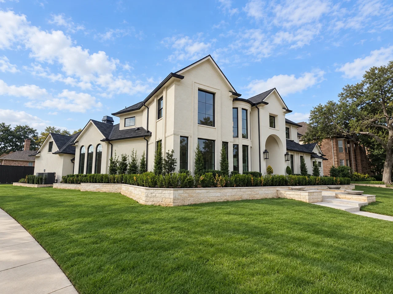Three-quarter view of the same home showing tall black Advent windows